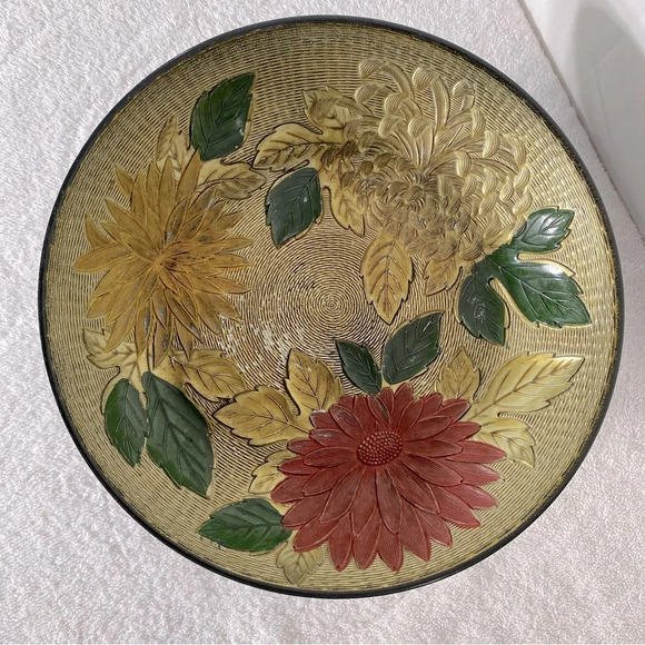 Vintage Nasco Lacquerware Textured Peony  Pedestal Bowl - Picture 2 of 14